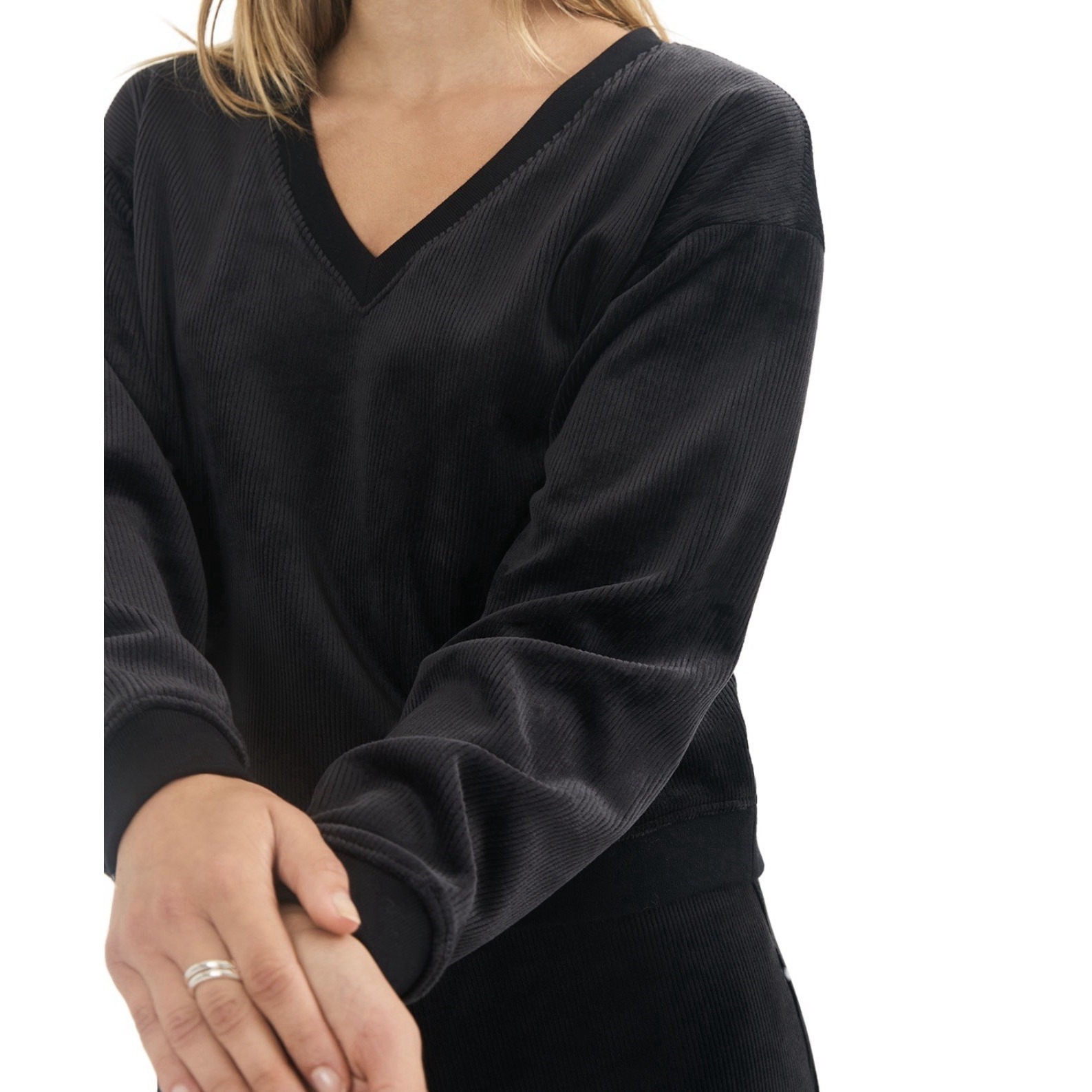 Marine Layer Velour Corduroy Sz M Black V-Neck Sweatshirt Pullover Soft Lounge